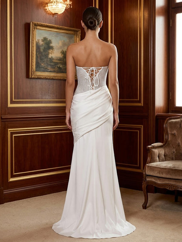 Satin Mermaid/Trumpet Strapless Floor-Length Prom Dresses with Sequin Bodice