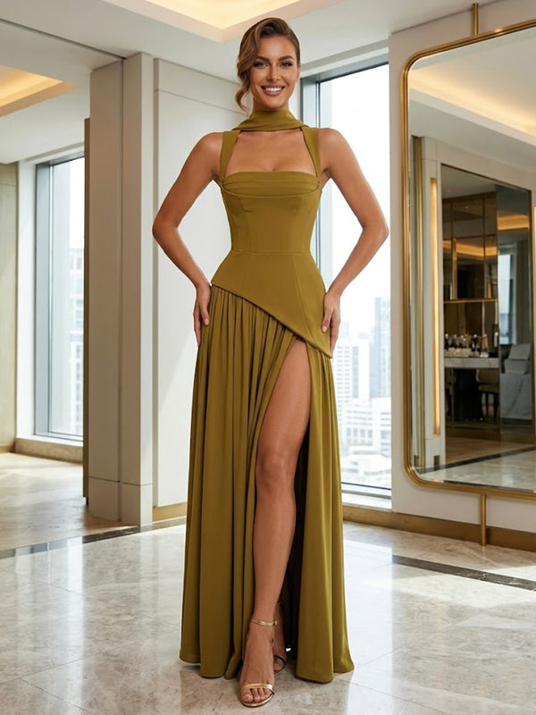 Chiffon A-Line/Princess Square Neck Floor-Length Prom Dresses with Pleats & Slit