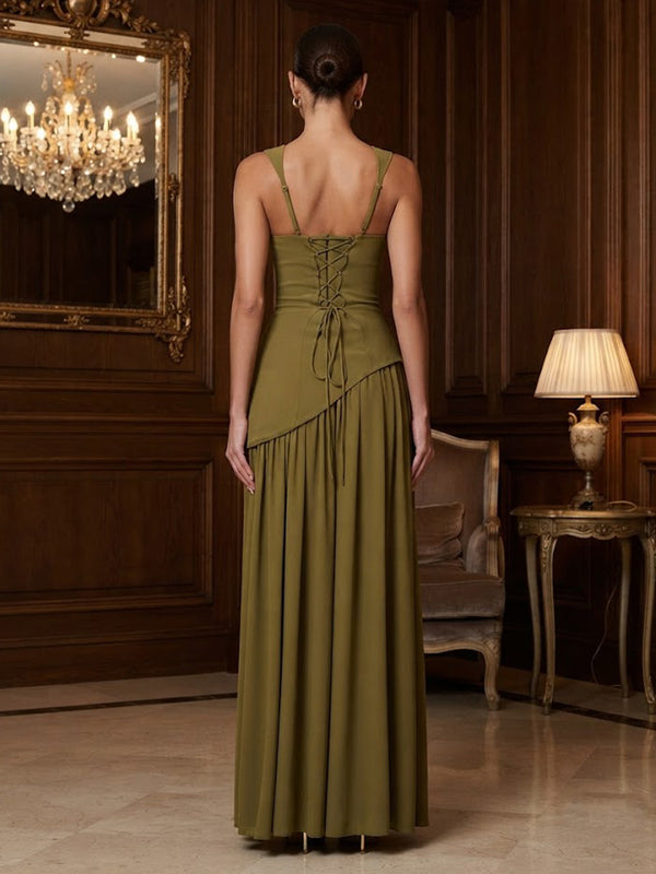 Chiffon A-Line/Princess Square Neck Floor-Length Prom Dresses with Pleats & Slit