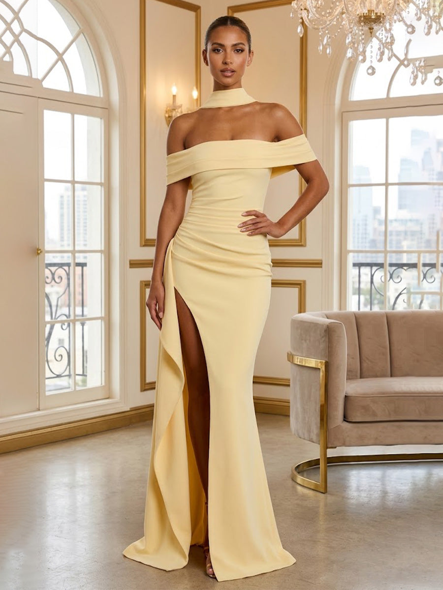 Stretch Jersey Sheath/Column Off Shoulder Floor-Length Prom Dresses with Ruffles & Slit