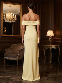 Stretch Jersey Sheath/Column Off Shoulder Floor-Length Prom Dresses with Ruffles & Slit