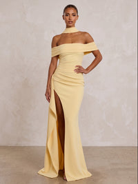 Stretch Jersey Sheath/Column Off Shoulder Floor-Length Formal Prom Dresses with Ruffles & Slit
