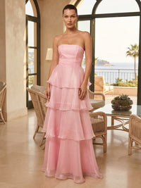 Organza A-Line/Princess Strapless Floor-Length Prom Dresses with Tiered Layers