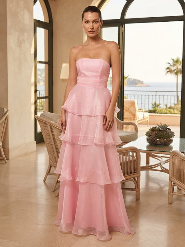 Organza A-Line/Princess Strapless Floor-Length Prom Dresses with Tiered Layers