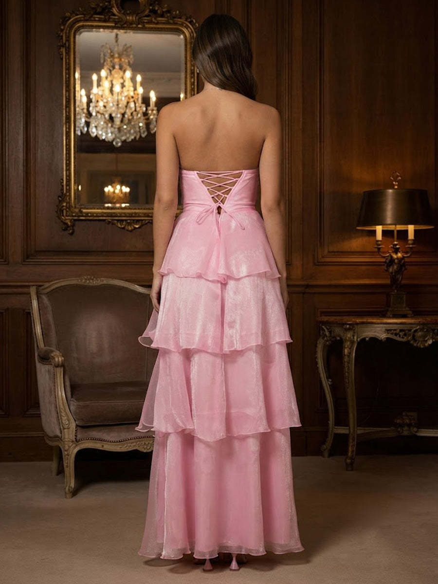 Organza A-Line/Princess Strapless Floor-Length Prom Dresses with Tiered Layers
