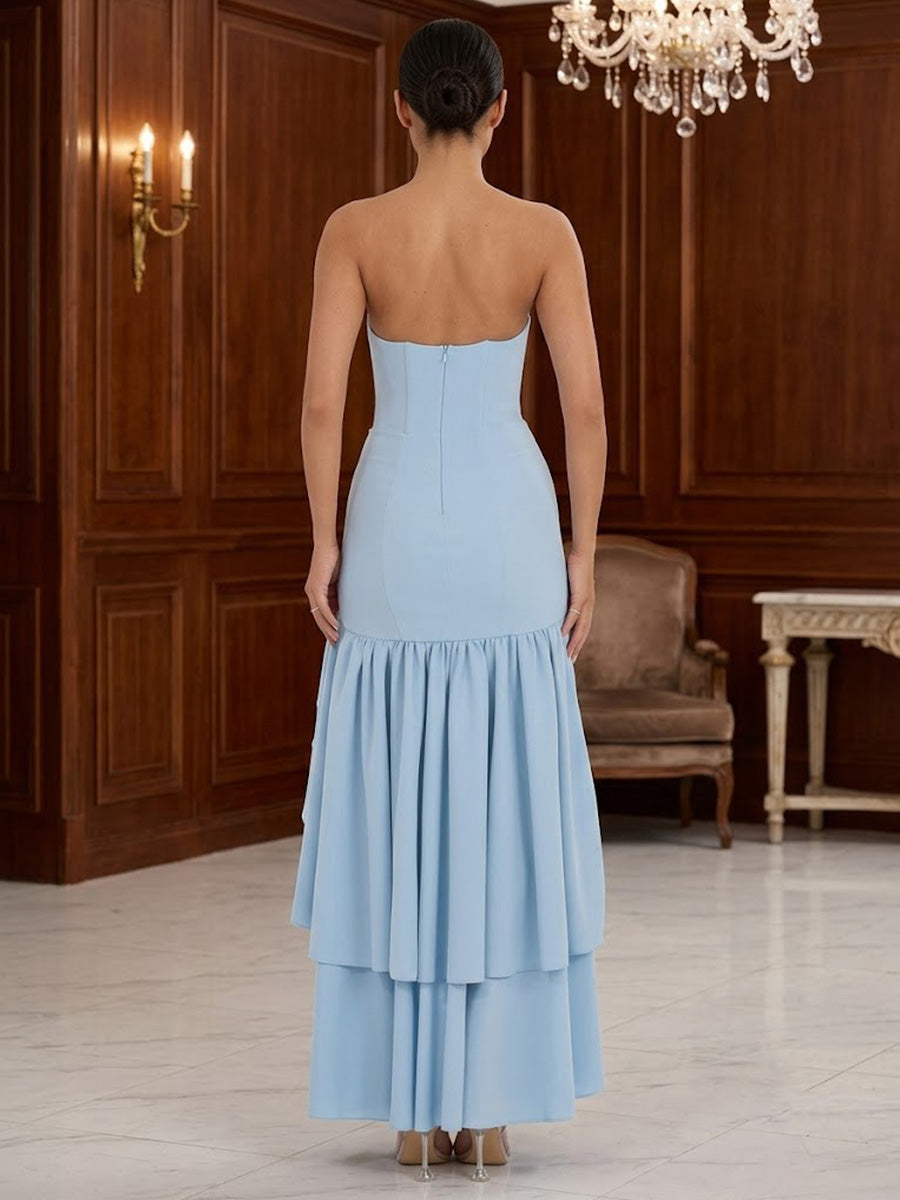 Chiffon A-Line/Princess Strapless High-Low Prom Dresses with Tiered Layers & Ruffles