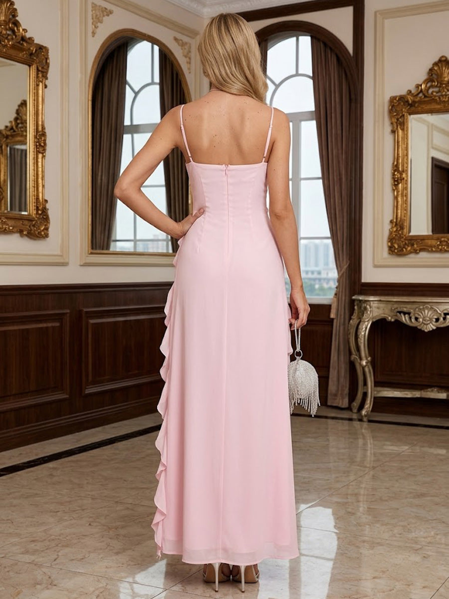 Chiffon A-Line/Princess Spaghetti Straps Floor-Length Prom Dresses with Ruffles