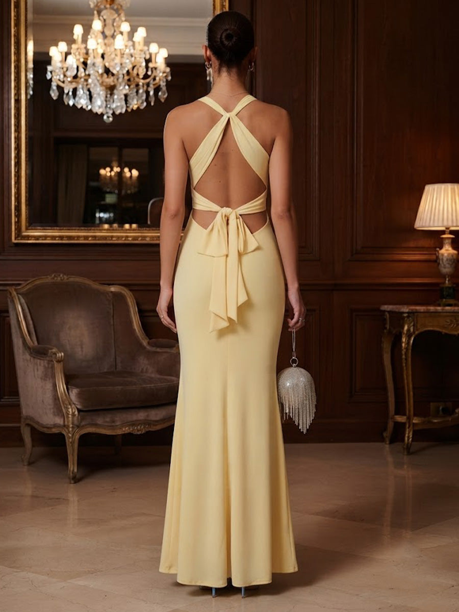 Stretch Jersey Sheath/Column Halter Floor-Length Prom Dresses for Women