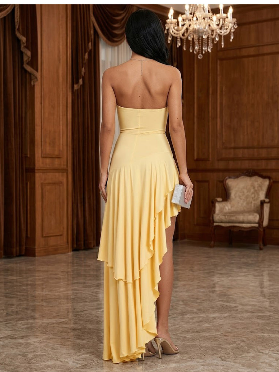 Chiffon A-Line/Princess Strapless High-Low Prom Dresses with Tiered Layers & Ruffles