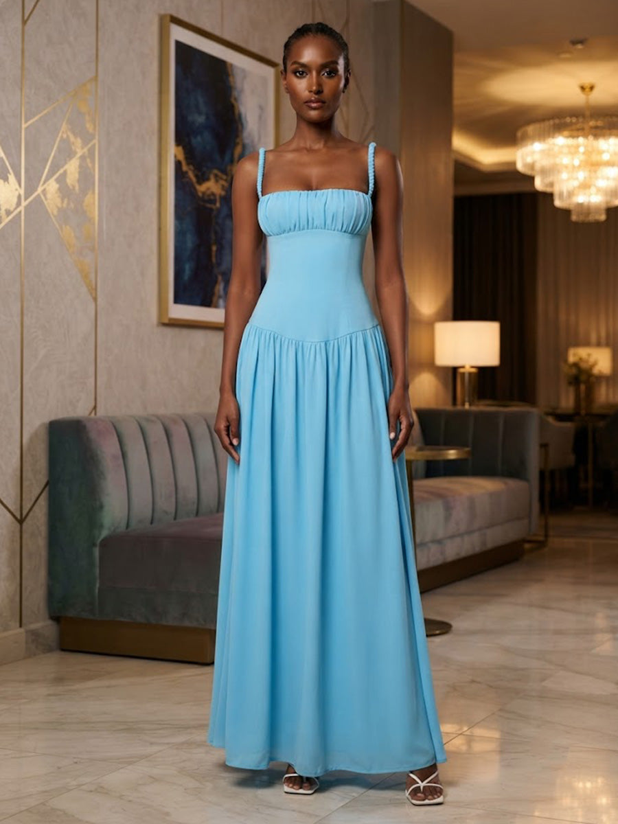 Stretch Jersey A-Line/Princess Spaghetti Straps Floor-Length Prom Dresses with Pleats