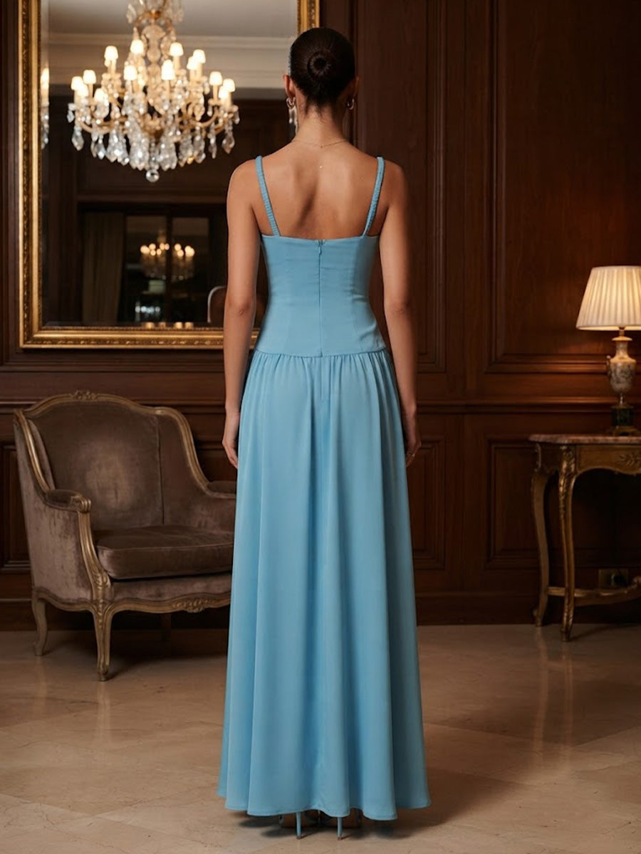 Stretch Jersey A-Line/Princess Spaghetti Straps Floor-Length Prom Dresses with Pleats