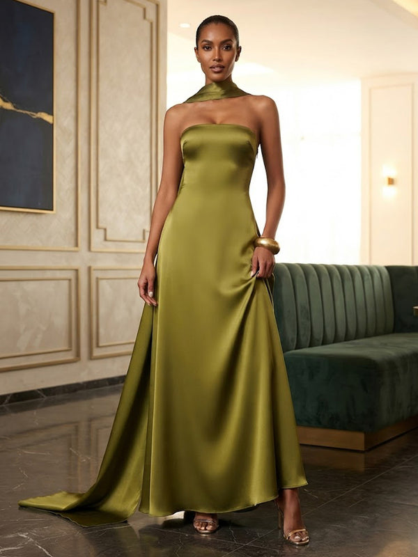 Satin Sheath/Column Strapless Floor-Length Prom Dresses with Scarf
