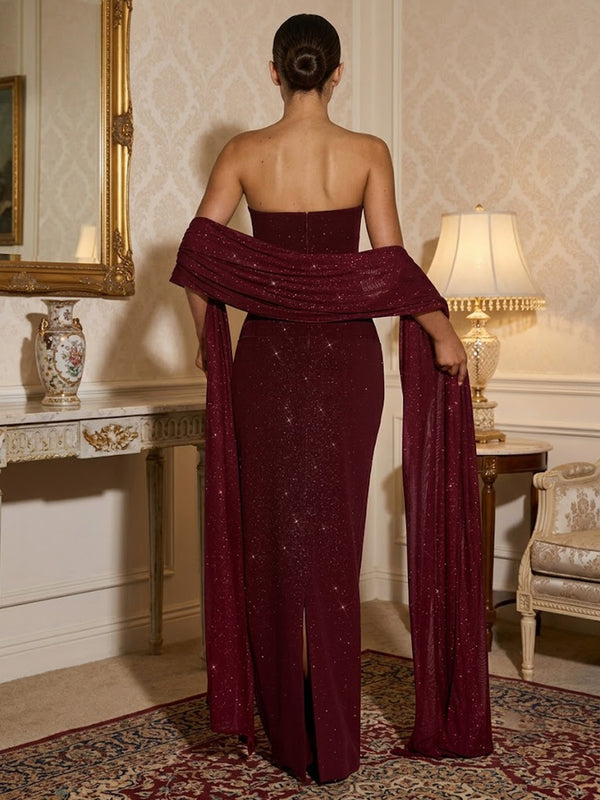 Sequin Sheath/Column Strapless Floor-Length Prom Dresses with Scarf