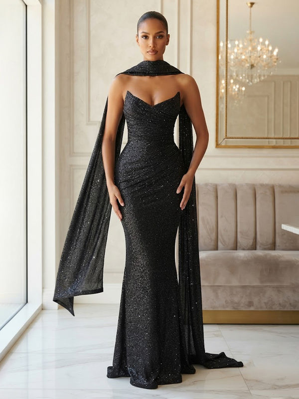 Sequin Mermaid/Trumpet Strapless Floor-Length Prom Dresses with Scarf