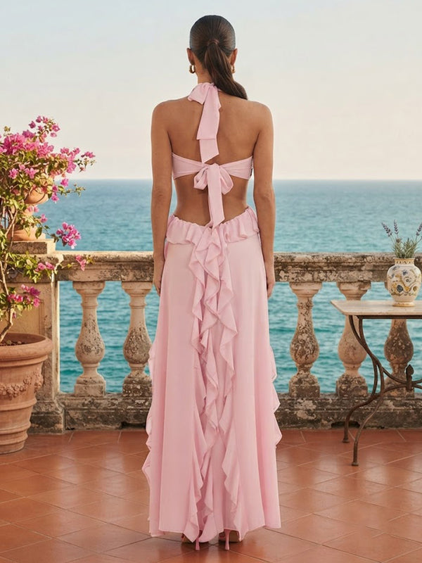 Chiffon A-Line/Princess Halter Floor-Length Prom Dresses with Ruffles & Slit