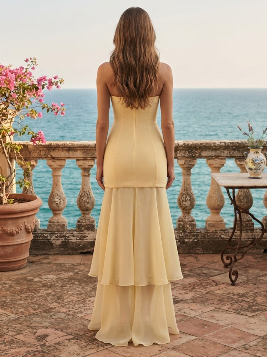 Chiffon Mermaid/Trumpet Strapless Floor-Length Prom Dresses with Ruffles & Slit