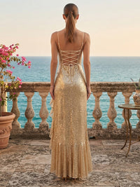 Sequin Sheath/Column Spaghetti Straps Floor-Length Prom Dresses with Ruffles & Slit