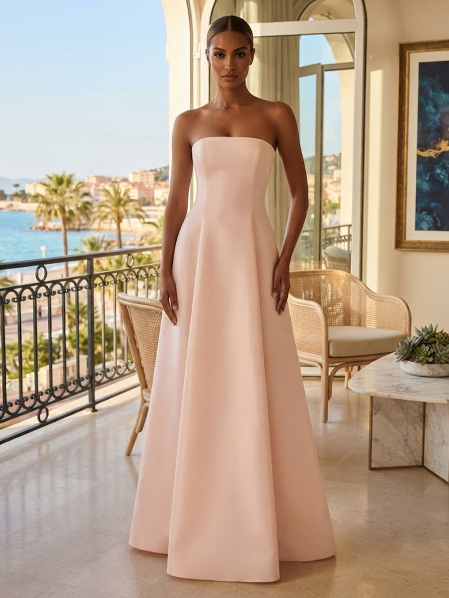 Satin A-Line/Princess Strapless Floor-Length Prom Dresses with Pleats
