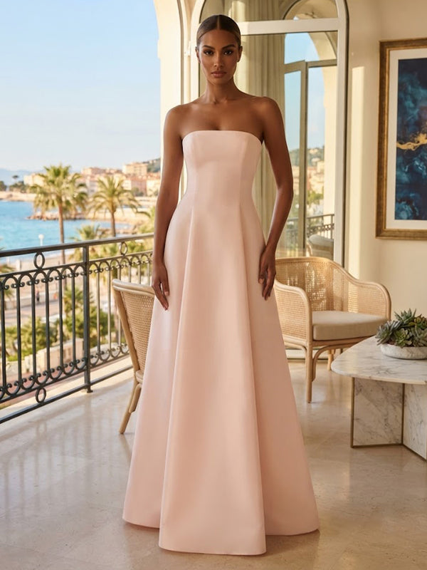 Satin A-Line/Princess Strapless Floor-Length Prom Dresses with Pleats