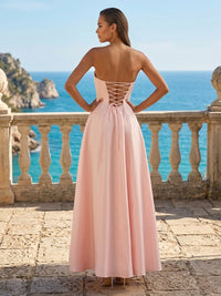 Satin A-Line/Princess Strapless Floor-Length Prom Dresses with Pleats
