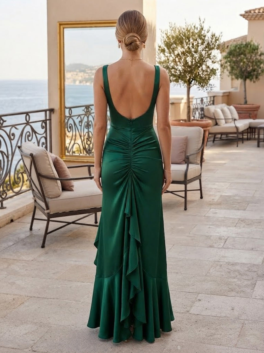 Satin Mermaid/Trumpet Square Neck Floor-Length Prom Dresses with Ruffles
