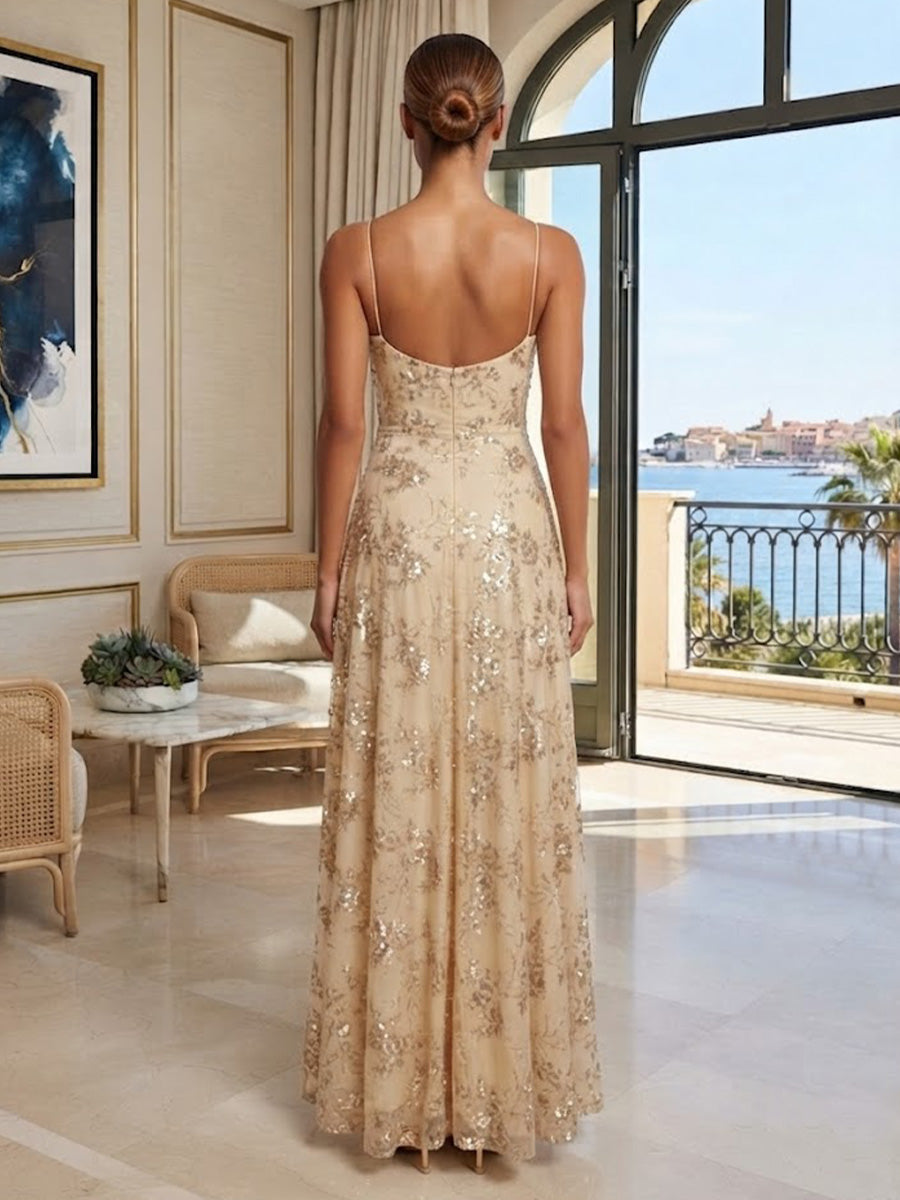 Sequin Floral A-Line/Princess Spaghetti Straps Floor-Length Prom Dresses with Slit
