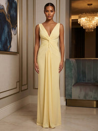 Stretch Jersey Sheath/Column V-Neck Floor-Length Prom Dresses with Ruched Waist