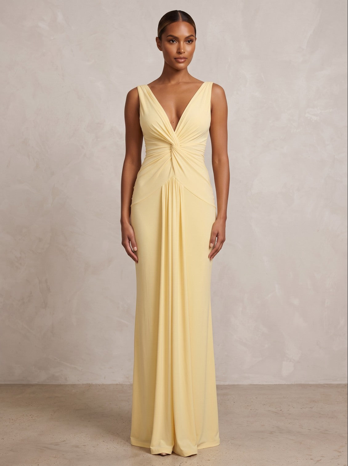 Stretch Jersey Sheath/Column V-Neck Floor-Length Formal Prom Dresses with Ruched Waist