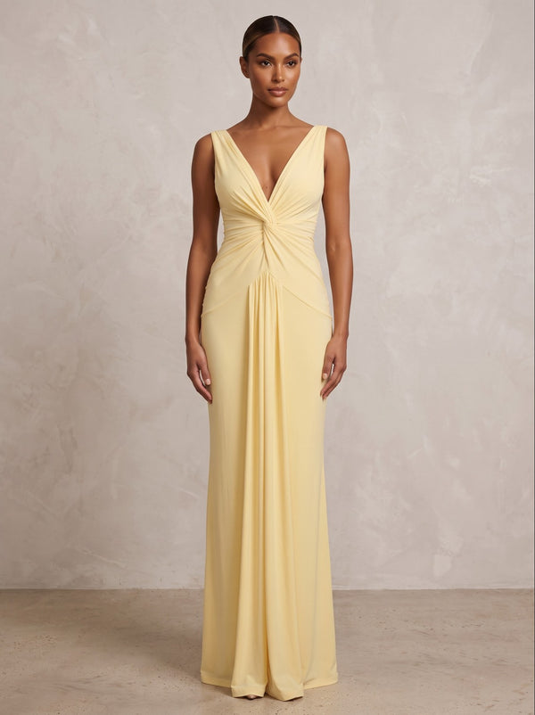 Stretch Jersey Sheath/Column V-Neck Floor-Length Formal Prom Dresses with Ruched Waist
