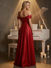 Satin Off Shoulder A-Line Prom Dresses Maxi Pleated Formal Evening Ball Gowns