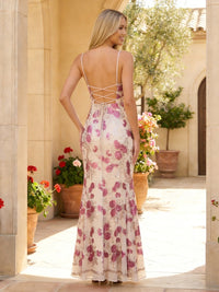Tulle Floral Applique Spaghetti Straps Sheath Prom Dresses V Neck Maxi Evening Party Gowns