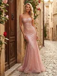 Tulle Sequin Spaghetti Straps Mermaid Prom Dresses Corset Maxi Evening Party Gowns