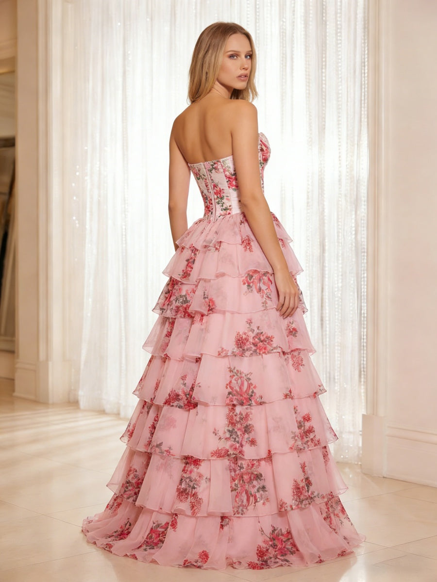 Chiffon Floral Strapless Sweetheart Prom Dresses Tiered Corset Maxi Evening Party Ball Gowns with Slit