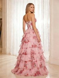 Chiffon Floral Strapless Sweetheart Prom Dresses Tiered Corset Maxi Evening Party Ball Gowns with Slit