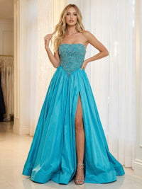 Satin Sequin Strapless Prom Dresses Corset Pleated Maxi Evening Party Ball Gowns with Slit
