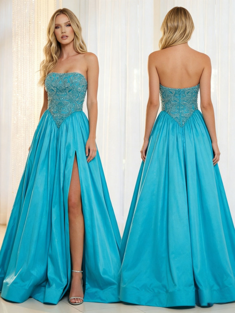 Satin Sequin Strapless Prom Dresses Corset Pleated Maxi Evening Party Ball Gowns with Slit