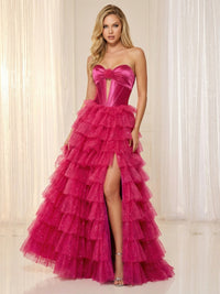 Tulle Sequin Strapless Sweetheart Tiered Prom Dresses Corset Cut-Out Maxi Evening Party Ball Gowns with Slit