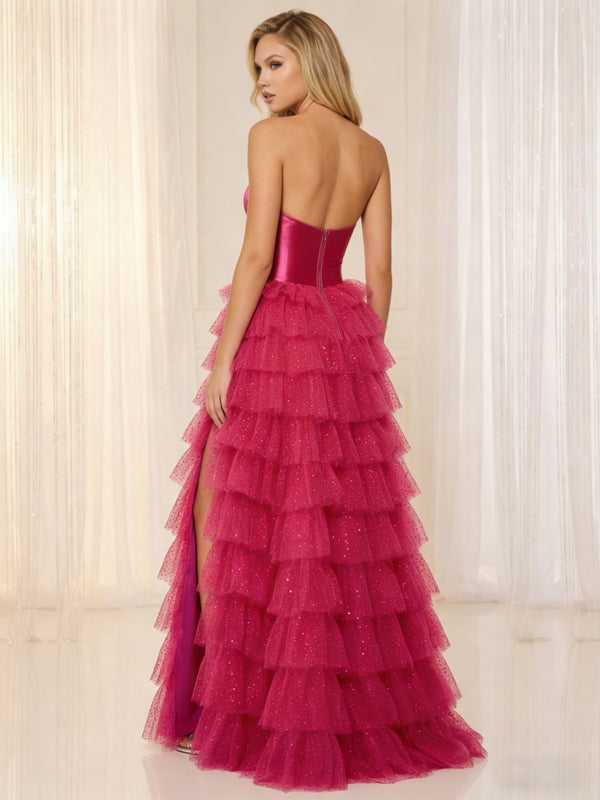Tulle Sequin Strapless Sweetheart Tiered Prom Dresses Corset Cut-Out Maxi Evening Party Ball Gowns with Slit