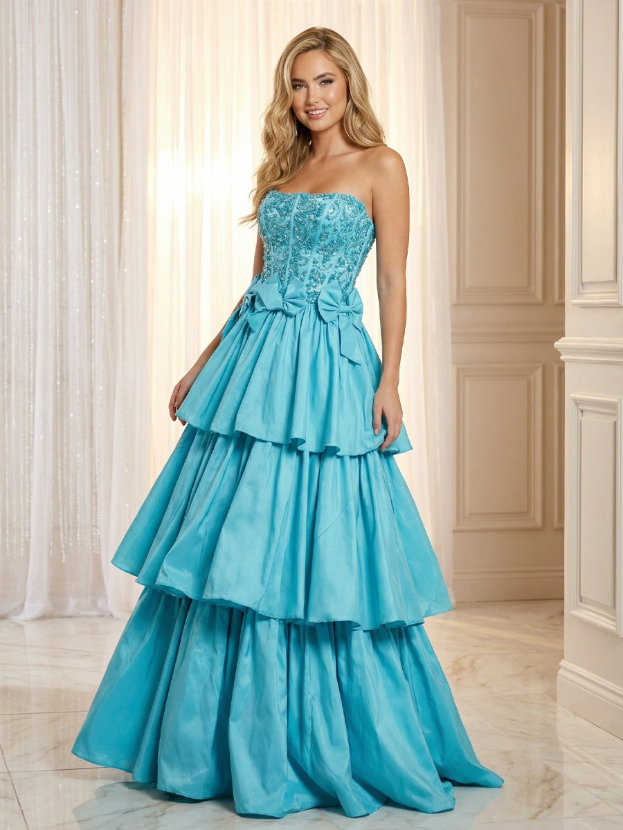 Satin Sequin Strapless Tiered Prom Dresses Corset Maxi Evening Party Ball Gowns with Floral Appliques