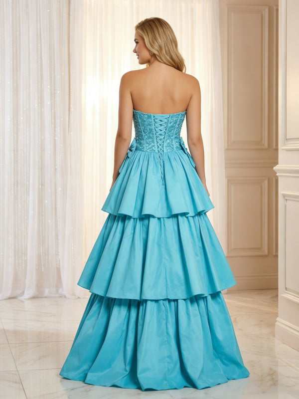Satin Sequin Strapless Tiered Prom Dresses Corset Maxi Evening Party Ball Gowns with Floral Appliques