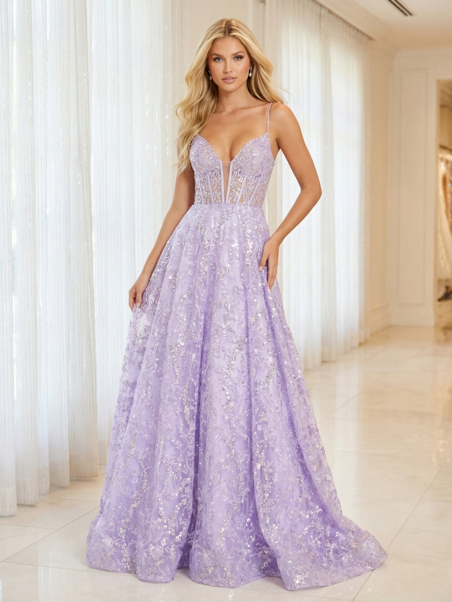 Tulle Sequin Spaghetti Straps Deep V-Neck Prom Dresses A-Line Corset Maxi Evening Party Ball Gowns
