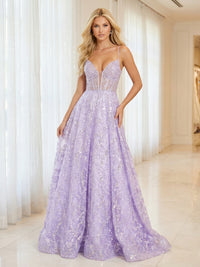 Tulle Sequin Spaghetti Straps Deep V-Neck Prom Dresses A-Line Corset Maxi Evening Party Ball Gowns