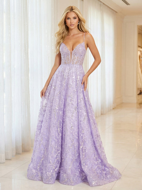 Tulle Sequin Spaghetti Straps Deep V-Neck Prom Dresses A-Line Corset Maxi Evening Party Ball Gowns
