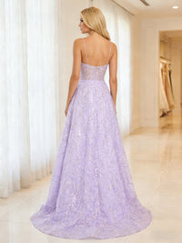 Tulle Sequin Spaghetti Straps Deep V-Neck Prom Dresses A-Line Corset Maxi Evening Party Ball Gowns