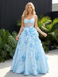 Satin Spaghetti Straps Sweetheart Prom Dresses A-Line Corset Maxi Evening Party Ball Gowns with 3D Floral Appliques