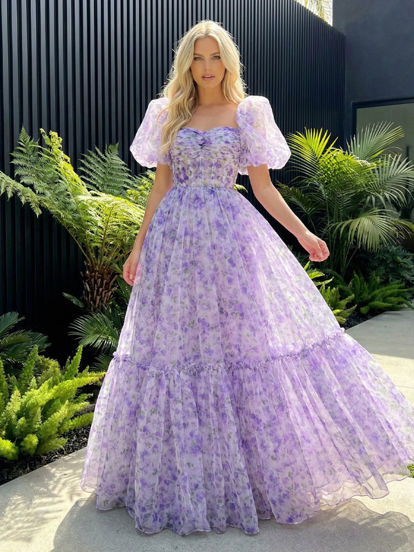 Sheer Organza Puff Sleeves Sweetheart Prom Dresses A-Line Ruched Maxi Party Ball Gowns with Floral