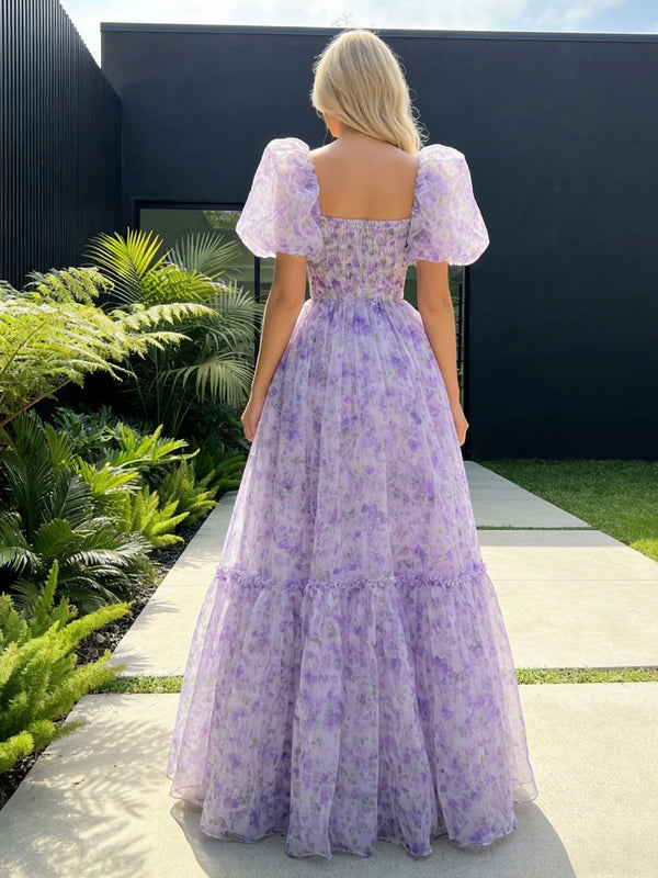 Sheer Organza Puff Sleeves Sweetheart Prom Dresses A-Line Ruched Maxi Party Ball Gowns with Floral
