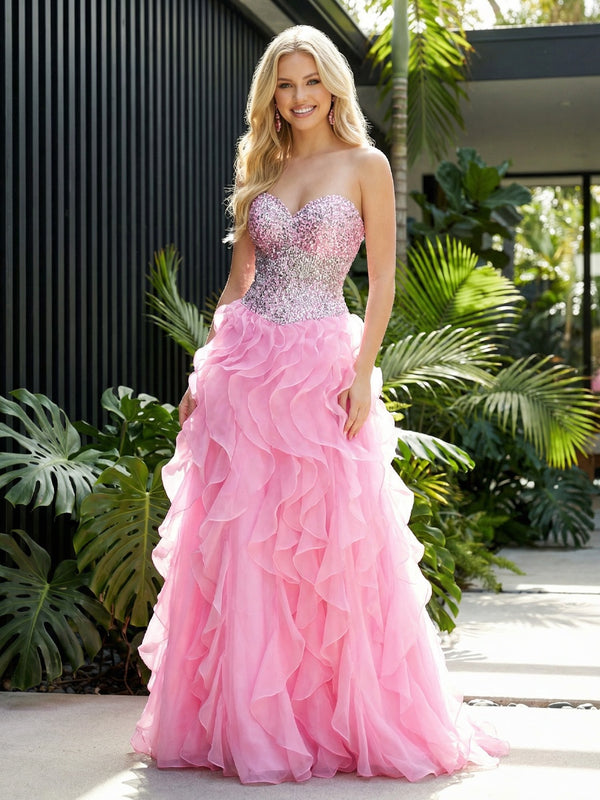 Chiffon Sequin Strapless Sweetheart Prom Dresses A-Line Pleated Maxi Party Ball Gowns with Ruffles