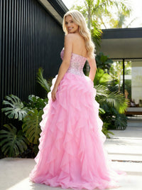 Chiffon Sequin Strapless Sweetheart Prom Dresses A-Line Pleated Maxi Party Ball Gowns with Ruffles