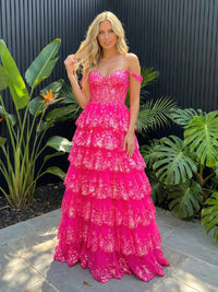 Tulle Sequin Off Shoulder Sweetheart Tiered Prom Dresses A-Line Ruched Corset Maxi Evening Party Ball Gowns with Lace Embroidery